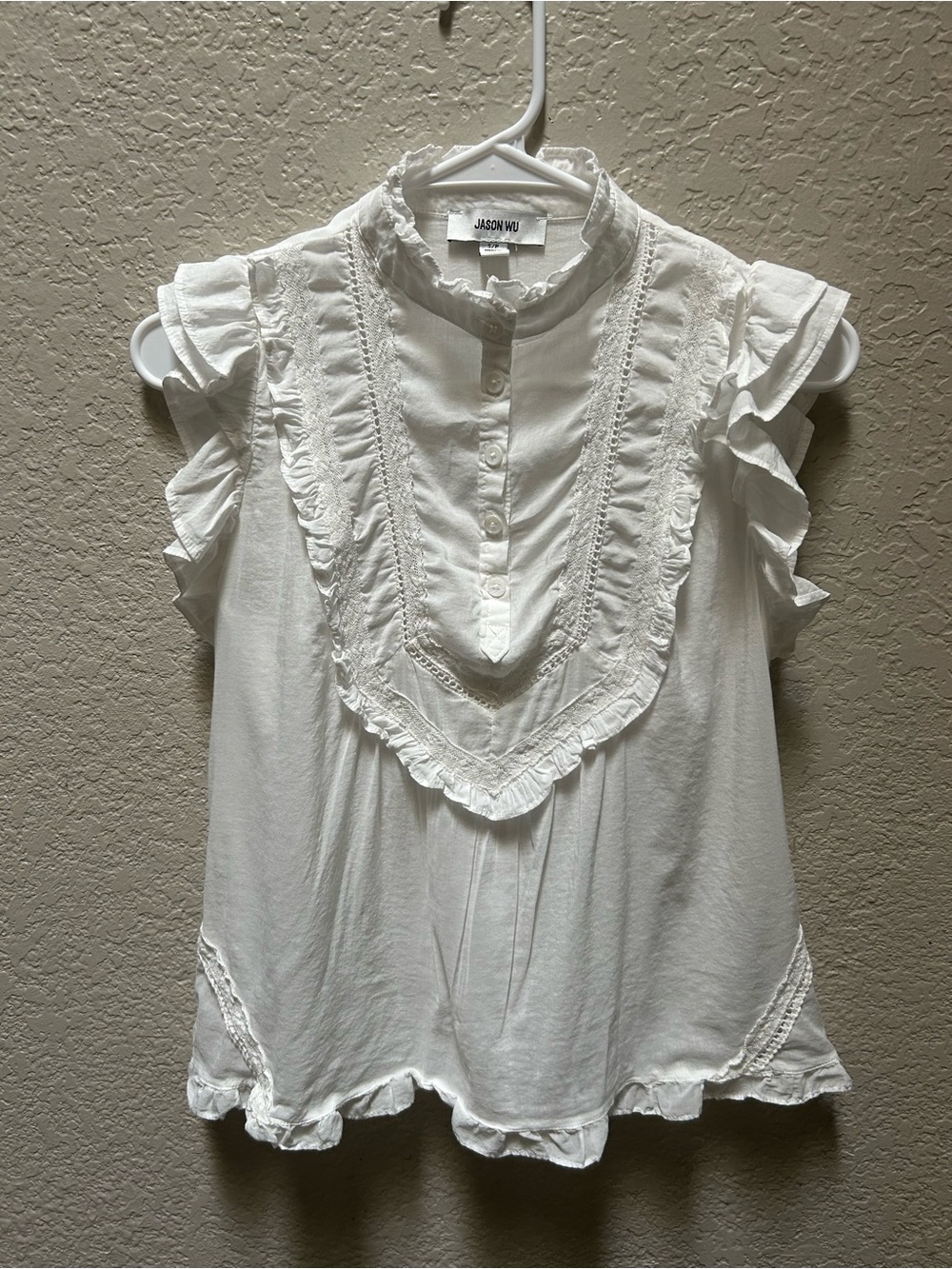 Jason Wu White Lace Trim Ruffle Sleeveless Blouse Top